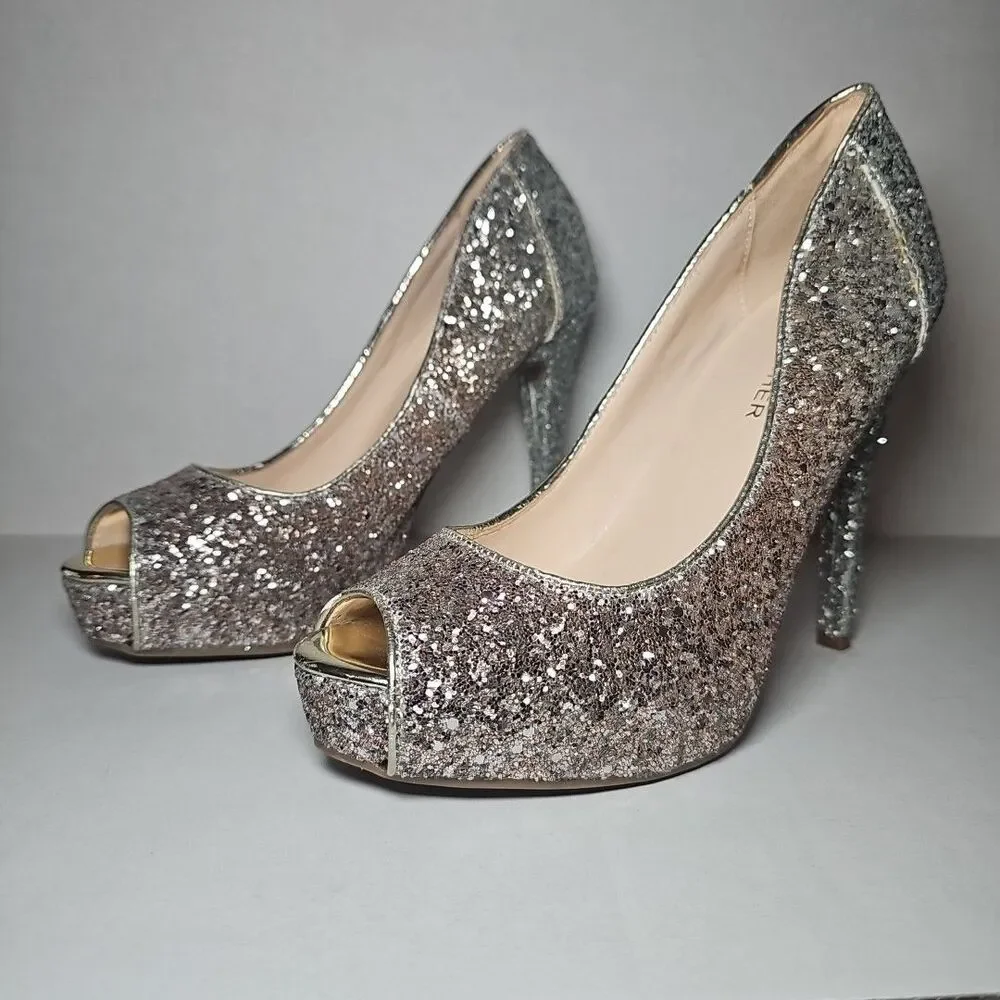 Women's Marc Fisher Peep Toe Metallic Glitter Sparkle Gold Silver Heels Pumps 7M
